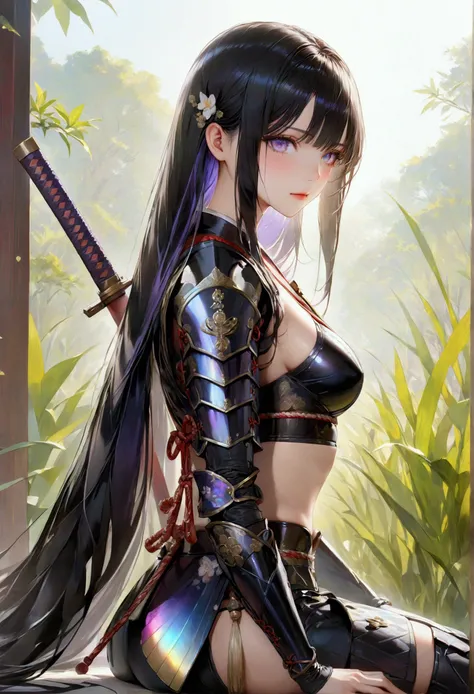 Long smooth straight black hair, inner dark iridescent hair, iridescent eyes,hourglass body figure,sitting in skimpy samurai armour.masterpiece, super detail,detailed eyes, best quality, 8k,realistic