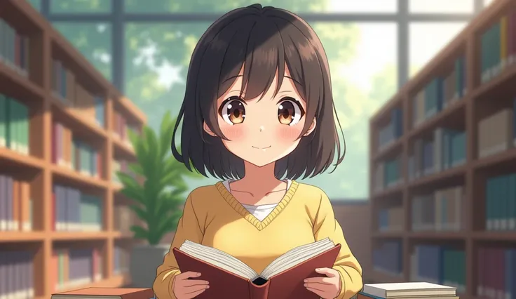 A girl named riya student of 10th class anime style face
Reading a book in library smiling 