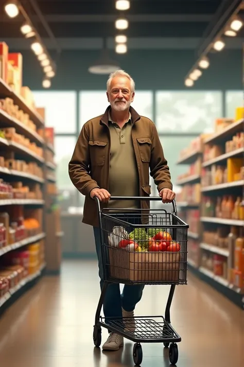 A poster  for super market i this poster a man go to tha super market holding a cart to purchase grocery and other items reality poster
