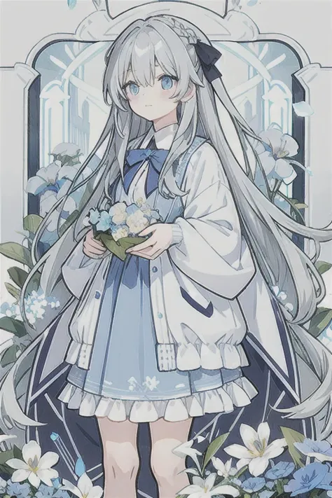 gray hair、very long hair · side tail on the right side · eyes of a different color 、left eye is light blue、right eye is gray · f...