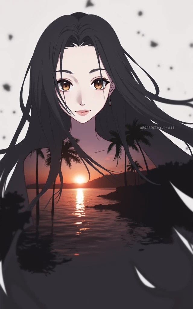  high quality, 8K Ultra HD, Прекрасная double exposure,  that combines the silhouette of a goddess and a sunset on the coast,  included, the sunset coast should serve as a background, with its details, included in the silhouette of the goddess, clear lines...