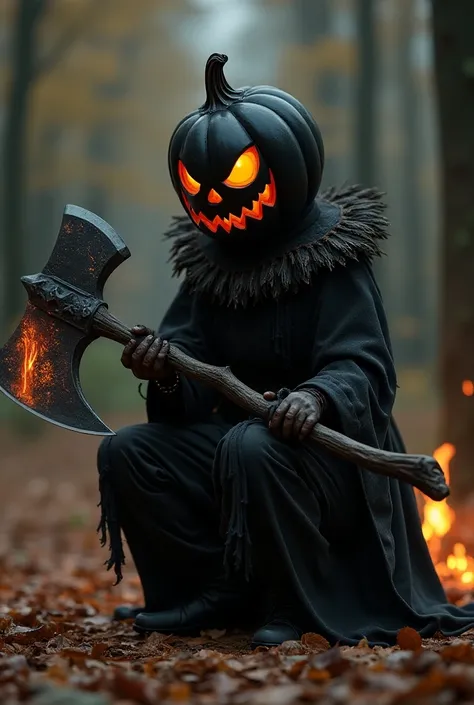 A woman, a Halloween warrior wearing a black pumpkin head and using a huge flaming axe, squatting on the ground, dark wizard costume, mage robe based on a toucan, masquerade, moon themed costume, fantasy style 8k octane Rendering, Gorgeous Cosplay, Celebra...