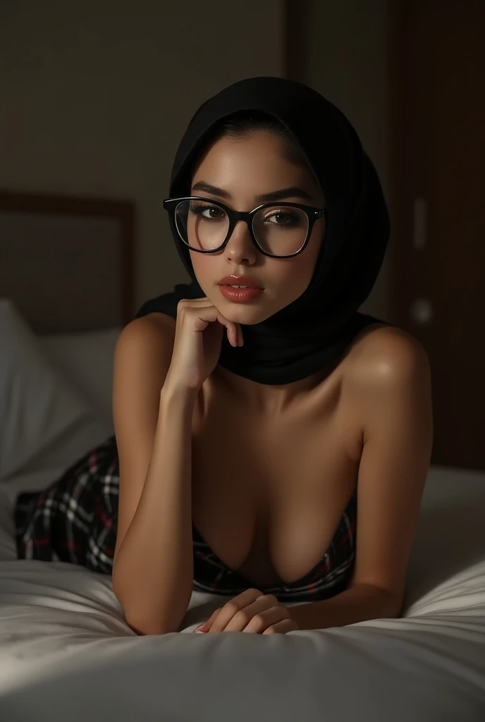 Beautiful slender cute tanned brown hijabi 18-year-old babe with cute black frame glasses, in hijab, heavy makeup, mascara, Sensual, plaid skirt, topless girl, small natrual breasts, areolas exposed, bedroom tease, erotic pose in bed, beautiful soft detail...