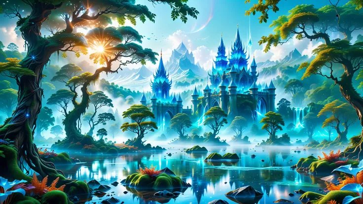 A Masterpiece In 32K Resolution, Supreme Quality, Super Detail, Official Art, Very High-Resolution 32K Wallpaper, Beautiful And Aesthetic, Ultra-Detailed Features, Awe-Inspiring Detail. Massive Trees Tower Over A Misty Enchanted Forest, Their Roots Tangled...