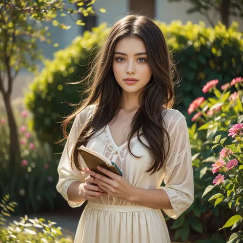 a girl with long brown hair and blue eyes, wearing a modest dress standing in a peaceful garden, surrounded by colorful flowers ...