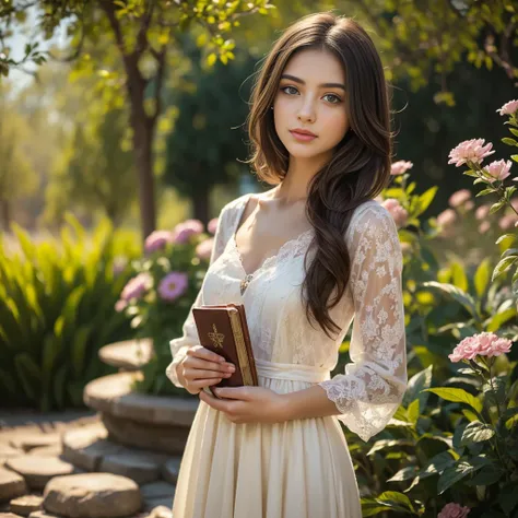 a girl with long brown hair and blue eyes, wearing a modest dress standing in a peaceful garden, surrounded by colorful flowers ...