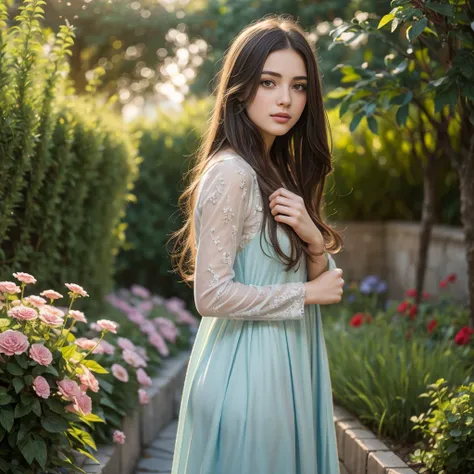 a girl with long brown hair and blue eyes, wearing a modest dress standing in a peaceful garden, surrounded by colorful flowers ...