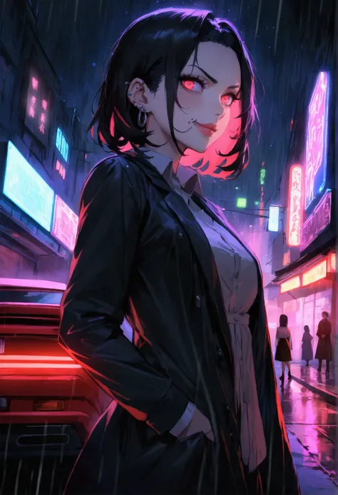 there is a beautiful anime women standing next to a red car, in the cyberpunk countryside, black hair, touge, drifters, night time, night, ambient,(anime women), high school girl, (neon red viper eyes), cinematic lighting (best quality:1.2)detailed, neon l...