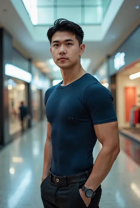  super realistic photo shoot black hair  (Korean boy with short hair, smiling, handsome, , 30 years old, big eyes, big eyes, tall, muscular chest, bulging arms, bodysuit, bodysuit, ) (Slim eyes 1 ： 3 full body photos in the mall, round neck T-shirt, navy b...