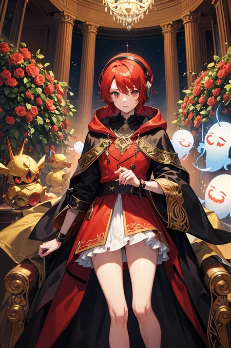 A stunning, colorful artwork featuring, many pokemons chandelure ghost , leader boy with red headphones, red hair and black jacket with hood,using a mix DJ and recognizing the artist who created this breathtaking masterpiece. The scene takes place in an en...