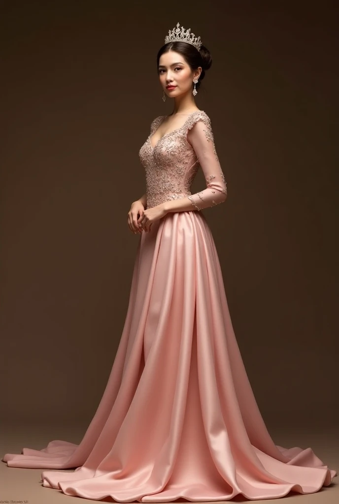 A women looking to the front wearing soft pink gown with glitters on gown gown that cover chest long sleeve wearing crown suitable for company dinner