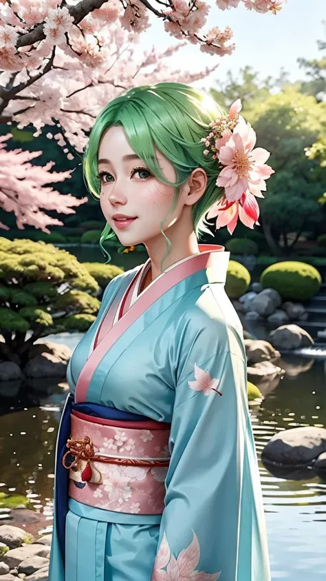 ((Enchanting young woman:1.2) with (flowing pink and lime-green hair:1.1), (emerald eyes sparkling with joy:1.0)) BREAK ((Delicate kimono:1.1) with (cherry blossom pattern:0.9), (obi sash cinched at waist:0.8)) BREAK (Serene Japanese garden:1.0), (koi pond...