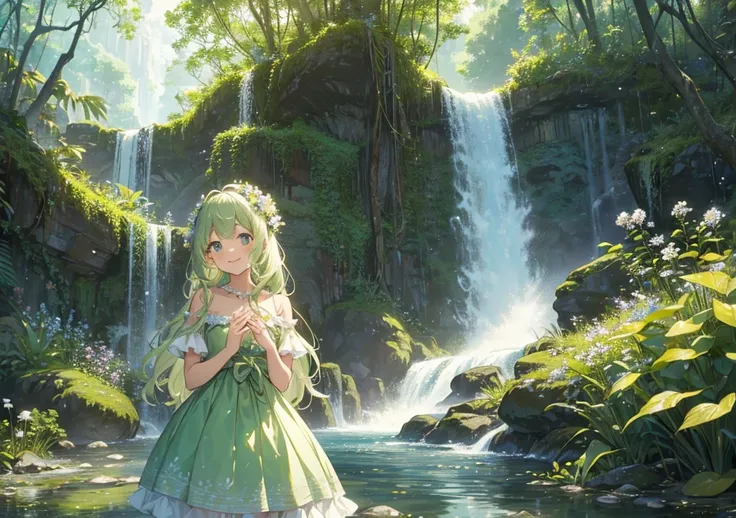 A young aristocratic girl plays by the water. She is wearing a light green, fluffy dress that reflects beautifully in the clear water. She is surrounded by small flowers and aquatic plants, and a beautiful waterfall cascades in the background. Her hair is ...