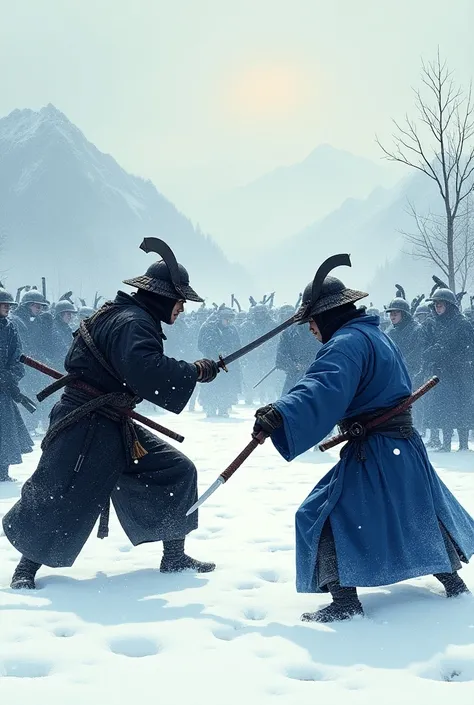 Two samurai armies fight against each other,  one in blue armor, another in black , winter, Ukiyo-e