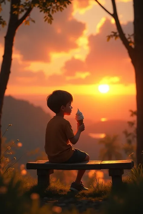 Sitting on a bench, the boy enjoys his ice cream while watching the sunset, his expression relaxed and content.