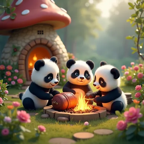 3 mini baby panda, together in the smurfs village, cooking roast lamb in middle, mushrooms house, grass, flowers, romantic styles 