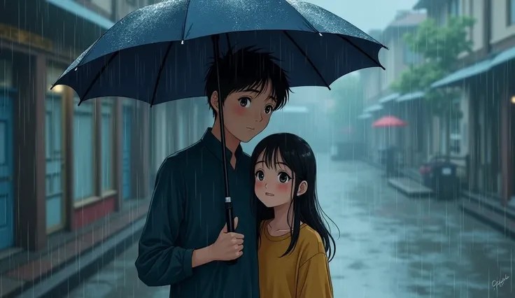 A boy named aayush student of 10th class anime style face  raining in background standing with umbrella looking to help the girl