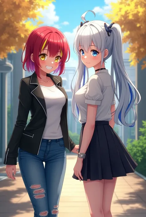 2 girls, school yard, BREAK (masterpiece:1.2), best quality, high resolution, unity 8k wallpaper, (illustration:0.8), (beautiful detailed eyes:1.0), extremely detailed face, perfect lighting, extremely detailed CG, (perfect hands, perfect anatomy), (1 girl...