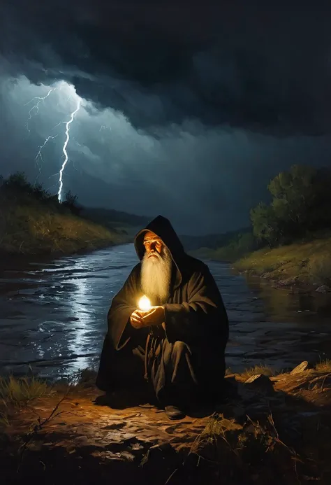 Painting of a gloomy evil hermit sits thoughtfully on the bank of a stormy river and looks at the other bank where people are having fun, dark night, dark atmosphere, Cinematic scene, volumetric lights, ultra realistic, in the style of Nikola Samori