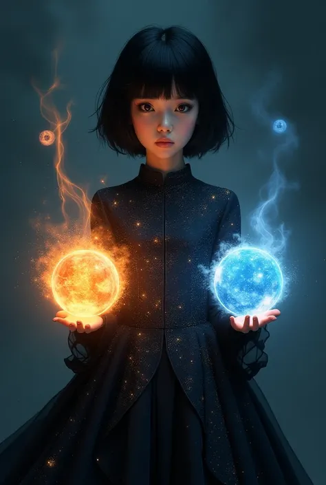 A magical girl with short black hair and big eyes stands before you. She is wearing a black dress that looks like it contains the Milky Way, with images of stars and cosmic dust clouds sparkling on the background of the dress. In her hands, she holds two g...