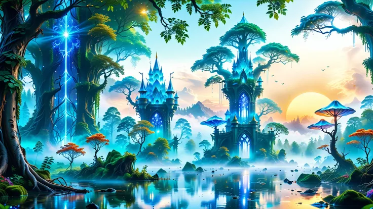 A Masterpiece In 32K Resolution, Supreme Quality, Super Detail, Official Art, Very High-Resolution 32K Wallpaper, Beautiful And Aesthetic, Ultra-Detailed Features, Awe-Inspiring Detail. Massive Trees Tower Over A Misty Enchanted Forest, Their Roots Tangled...