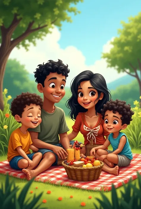  A happy Brazilian family at a picnic,  a mother with medium black hair , a father with short black hair  , a son with curly and black hair ,  and another son with short brown hair , drawing style 