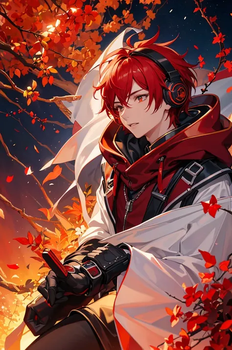 A stunning, colorful artwork featuring, leader boy with red headphones, red hair and black jacket with hood,using a mix DJ and recognizing the artist who created this breathtaking masterpiece. The scene takes place in an enchanted autum orange forest with ...