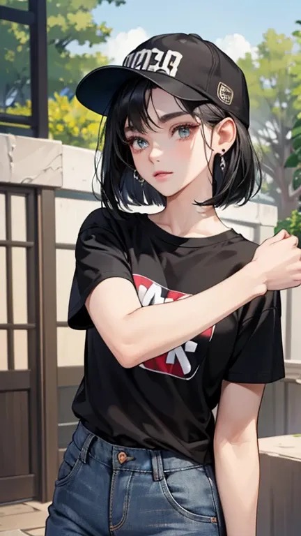 masterpiece,Best Quality,Ultra-detailed,Complex,Detailed face,Detailed eyes, beautiful eyes, 1 girl, cowboy shot,beautiful woman of 20 years old、Black Hair, medium bob hair、( earrings, Baseball cap, Black T-shirt, Cargo shorts,),standing,front,(bloom,  dep...