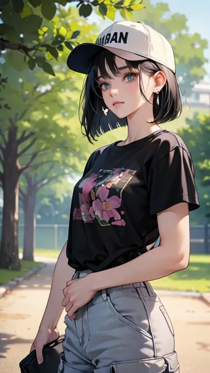 masterpiece,Best Quality,Ultra-detailed,Complex,Detailed face,Detailed eyes, beautiful eyes, 1 girl, cowboy shot,beautiful woman of 20 years old、Black Hair, medium bob hair、( earrings, Baseball cap, Black T-shirt, Cargo shorts,),standing,front,(bloom,  dep...