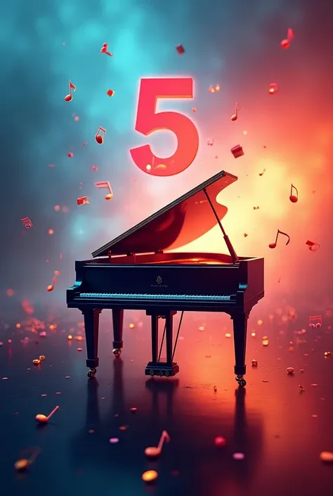 Creat a beautiful thumbnail for YouTube 
Prompt: Background is some soft colour blue,red and yellow and music notes and electronic music etc. On main screen piano and write a word on this thumbnail like this "5 વાગે ને પગ મારા ગીત" song on piano 