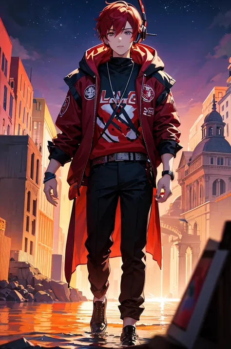 A stunning, colorful artwork featuring, leader boy with red headphones, red hair and black jacket with hood, using a mix DJ, recognizing the artist who created this breathtaking masterpiece several lights and beautiful purple moon. The scene takes place in...