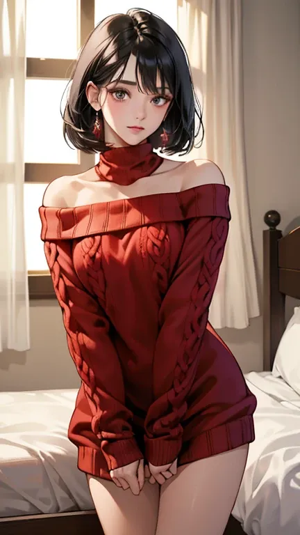 masterpiece,Best Quality,Ultra-detailed,Complex,Detailed face,Detailed eyes, beautiful eyes, 1 girl, cowboy shot,beautiful woman of 20 years old、Black Hair, medium bob hair、(Off-the-shoulder light red sweater, bedroom),standing,front,(bloom,  depth of fiel...