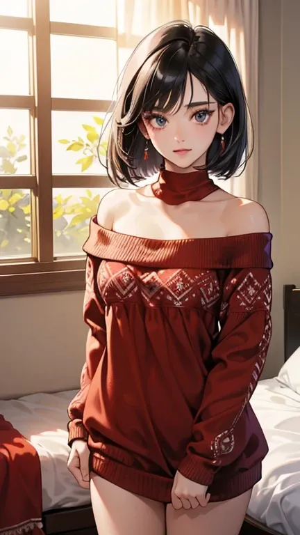 masterpiece,Best Quality,Ultra-detailed,Complex,Detailed face,Detailed eyes, beautiful eyes, 1 girl, cowboy shot,beautiful woman of 20 years old、Black Hair, medium bob hair、(Off-the-shoulder light red sweater, bedroom),standing,front,(bloom,  depth of fiel...