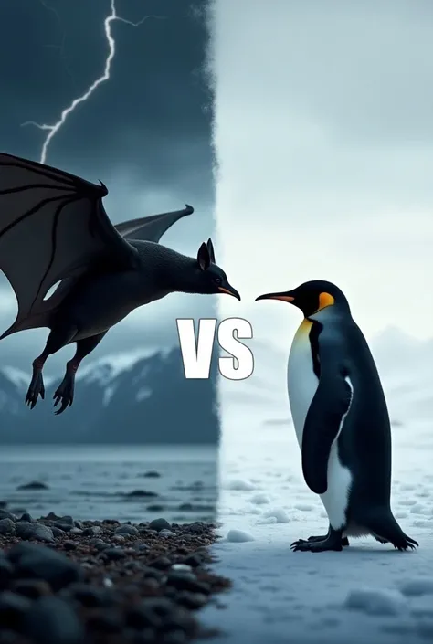 "Digitally created image split vertically down the middle, featuring a large bat on the left and a determined penguin on the right. The bat, with its wide leathery wings, dark fur, and sharp ears, hovers menacingly against a backdrop of a stormy, night sky...