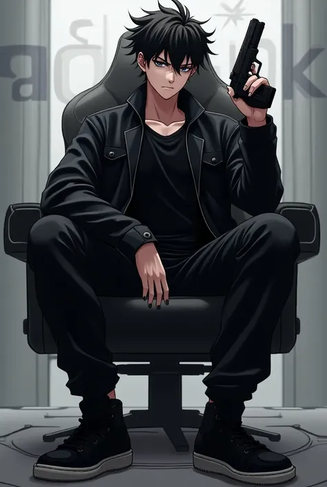 An anime-inspired character sitting confidently on a sleek gaming chair, dressed in a fully black outfit. The character has a modern black jacket over a black shirt, matching black pants, and stylish black sneakers. His sharp and intense expression is fram...