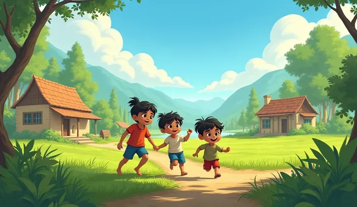 "A scene in a small, quaint village, with three ren – Tina, Raghav, and Chhotu – playing in the open fields near their homes. The ren are known for coming up with creative and adventurous games. They are surrounded by lush greenery, with simple village hou...