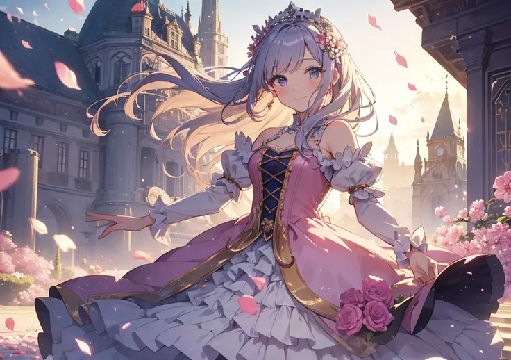 A young aristocrat dances gracefully in a fluffy dress amid falling flower petals. Her outfit is vibrant in color, and petals float around her in the wind. A beautiful castle stands in the background, and the evening light gently surrounds her. She has a b...