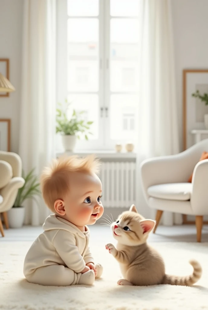 Un bébé trop mignon un chat trop mignon dans une très belle maison peinturé en blanc 