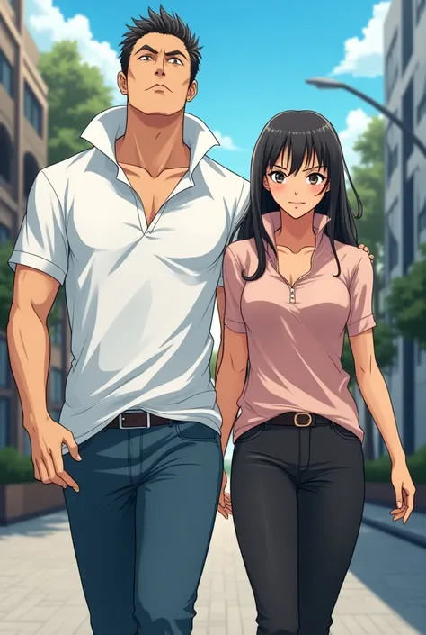 Anime douchebag boyfriend wearing a Massive Popped Collar Polo thats taller than his head while walking with with his girlfriend