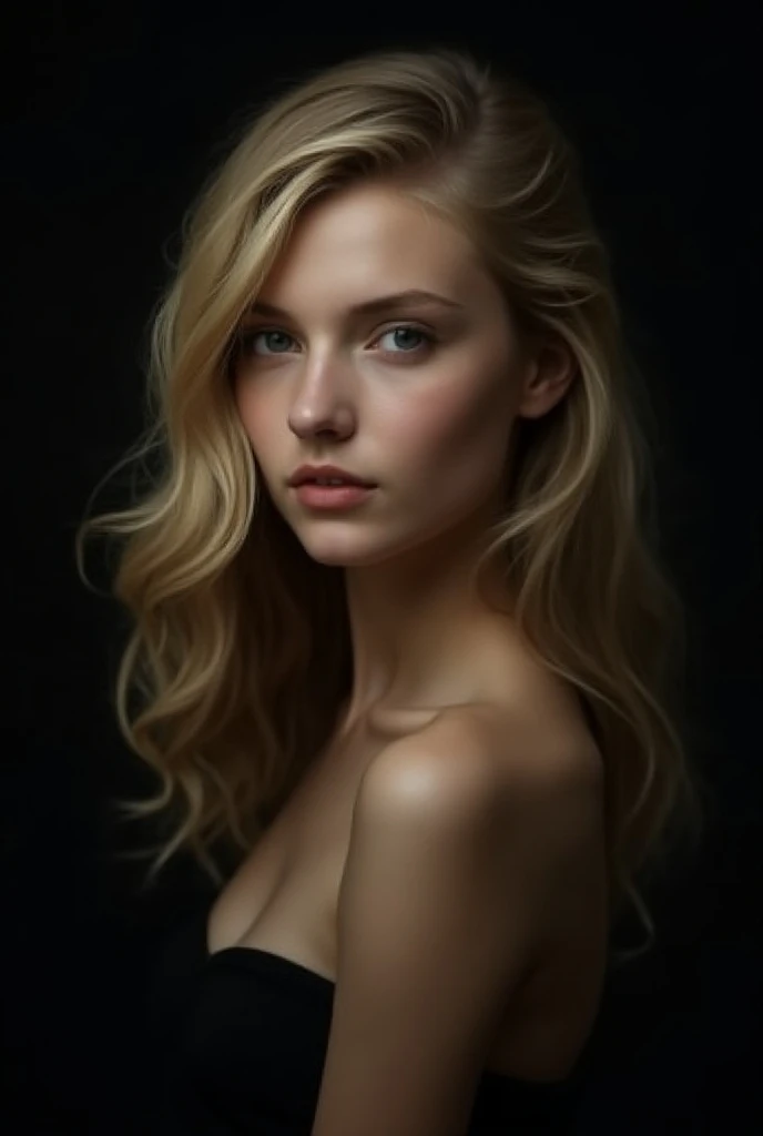 create a girl on a black background to the chest with blond hair 