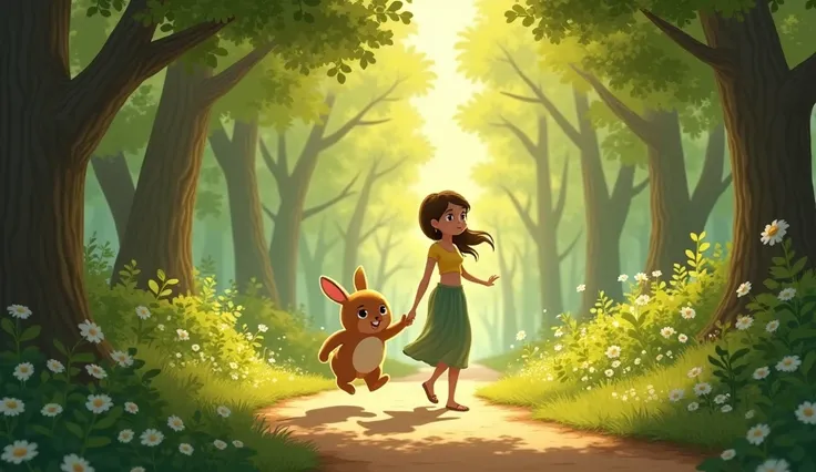 Visual Prompt: Chunnu hops beside Tara as they walk along a forest path. Chunnu jumps from one side to the other, while Tara stays centered, moving calmly. Sunlight streams through the trees.