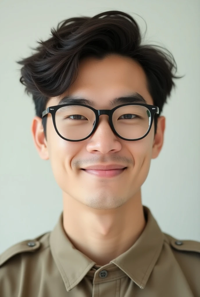 young man, dark brown hair and spectacles, fair skin and well-defined eyebrows, with a light wall in the background and a well-lit photo, he is wearing a khaki official clothes, happy expression