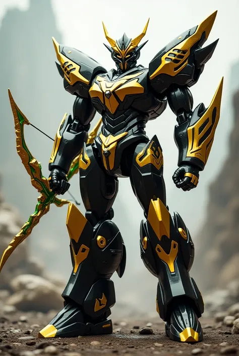 Black and yellow juagar megazord with gold arrow  and green bow
