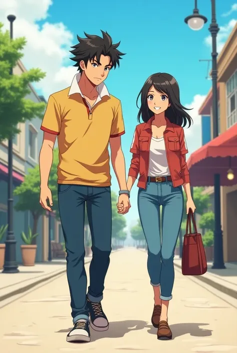 Anime Preppy boyfriend wearing a Massive Popped Collar Polo thats taller than his head while walking with with his girlfriend