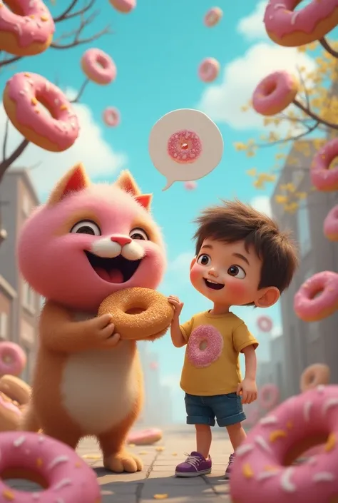 Scene 10: In a World Full of Donuts

Description:  Donuts float in the sky, line the streets, and grow on trees like fruit all favours. The boy wears donut t shirt , with a joyful expression, looks at the camera, while a thought bubble appears above his he...