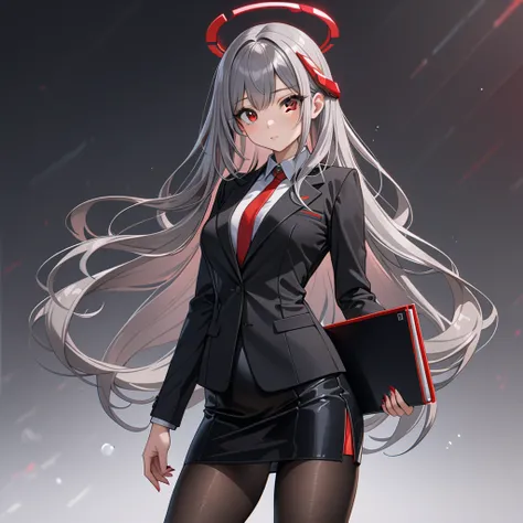 masterpiece, highest quality, highest resolution, clear_image, detailed details, gray hair, long hair, 1 girl, red eyes, red futuristic halo, black office jacket, black silk mini pencil skirt, black pantyhose, no water marks,