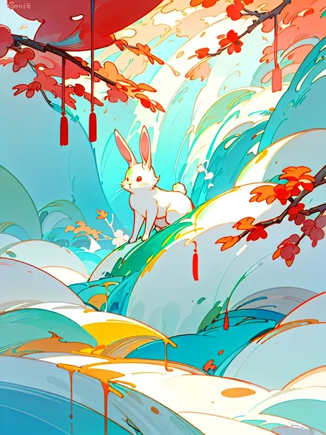 ( Glowing in Chinese Scenery ), A cute  happy rabbit in forest with Christmas hat ,    ,snow  around, watercolor style, Abstract painting, (Was,  Amy Sol Style ), (spring, Green tree, Peach Blossom, stream, Chinese Style Architecture ),  Cover Art with Lig...