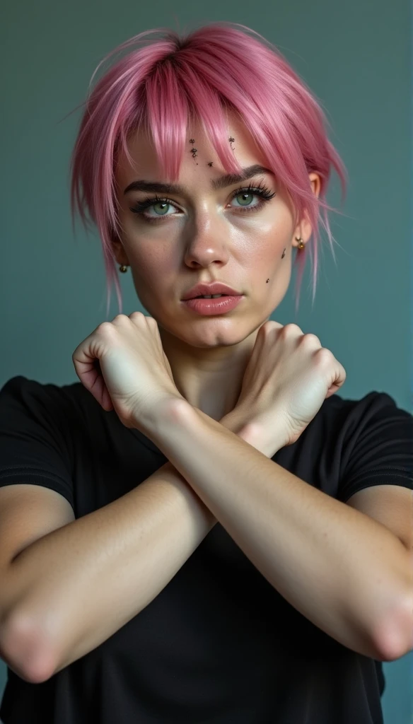 theres a woman standing there , woman with short pink hair and piercings,  arms crossed in an x,  gesture of denial , No!, locked , crossed arms, arms outstretched, symmetrical hands, heavy жест style closeup, closed hands, posing with crossed arms, arms c...