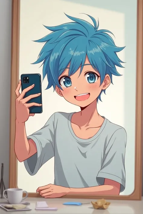 A anime boy taking a selfie in front of a mirror with an iPhone in his hand