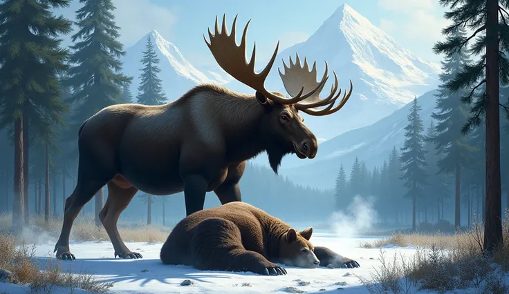 Amid a serene forest clearing, a massive moose stands victorious, its large hooves pressing into the side of a defeated grizzly bear. The bear’s once fearsome claws now lie limp, its body sprawled across the forest floor. The moose, its antlers towering ab...